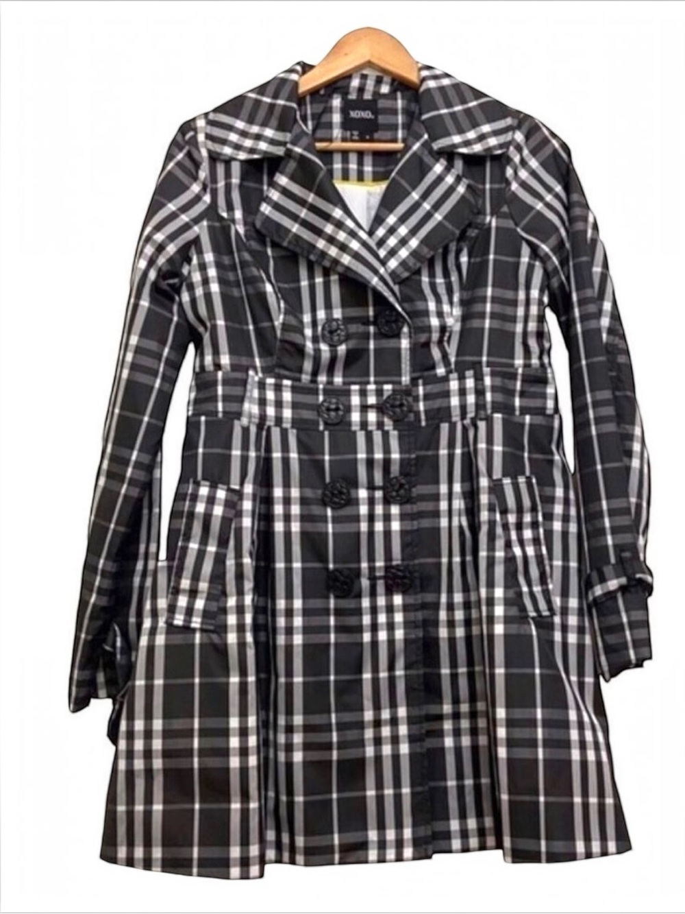 Xoxo trench coat lightweight jacket plaid black white double brest pocket medium
